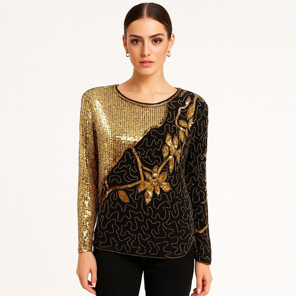 Jean for Joseph Le Bon‎ Blouse Women Sequin Beaded Silk Gold Black Medium Flaws
